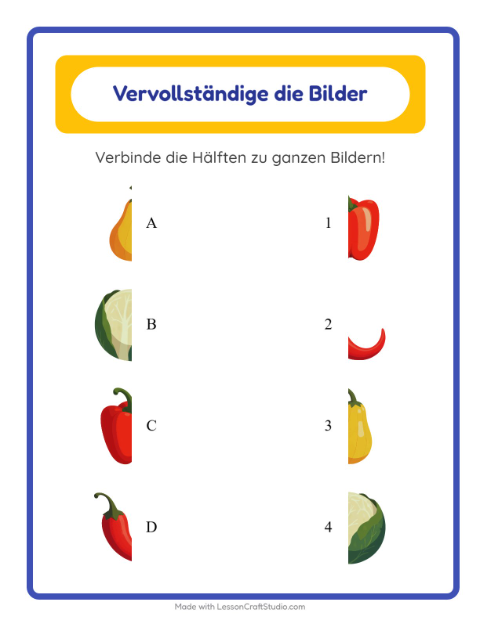 Bildhälften zusammensetzen mit Karotten, Erbsen und Kürbissen – Arbeitsblatt für die Vorschule — 2