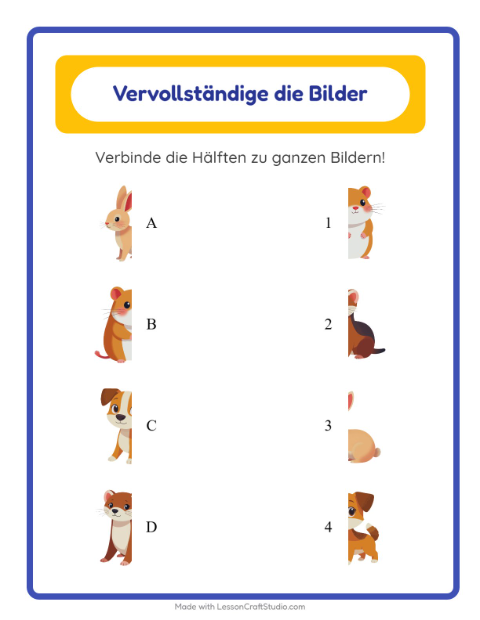 Vorschau: Schatten zuordnen-Arbeitsblatt mit Haustiere für Kindergarten