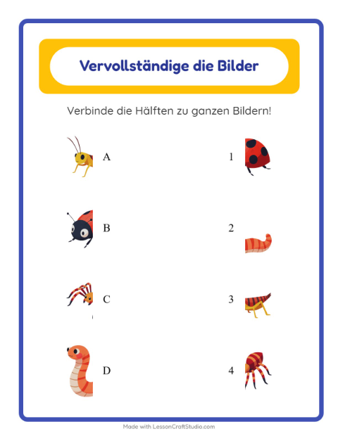 Vorschau: Schatten zuordnen-Arbeitsblatt mit Insekten und Käfer für Kindergarten