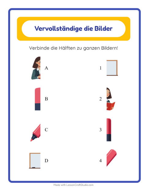 Vorschau: Schatten zuordnen-Arbeitsblatt mit Klassenzimmer für Kindergarten