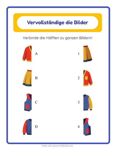 Bildhälften zusammensetzen mit Hemden, Socken und Hüten – Arbeitsblatt für die Vorschule — 2