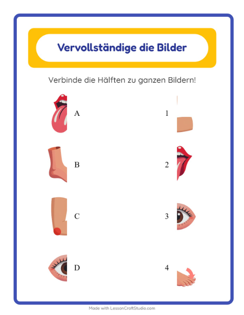 Vorschau: Schatten zuordnen-Arbeitsblatt mit Körperteile für Kindergarten