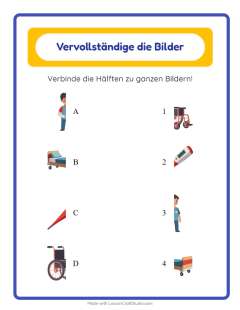Vorschau: Schatten zuordnen-Arbeitsblatt mit Krankenhaus für Kindergarten