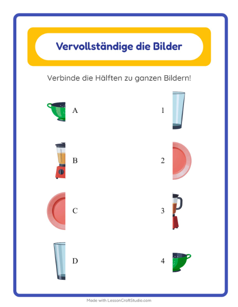 Vorschau: Schatten zuordnen-Arbeitsblatt mit Küchenwerkzeuge für Kindergarten