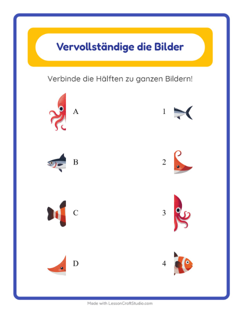 Bildhälften zusammensetzen mit Fischen, Krabben und Kraken – Arbeitsblatt für die Vorschule — 2