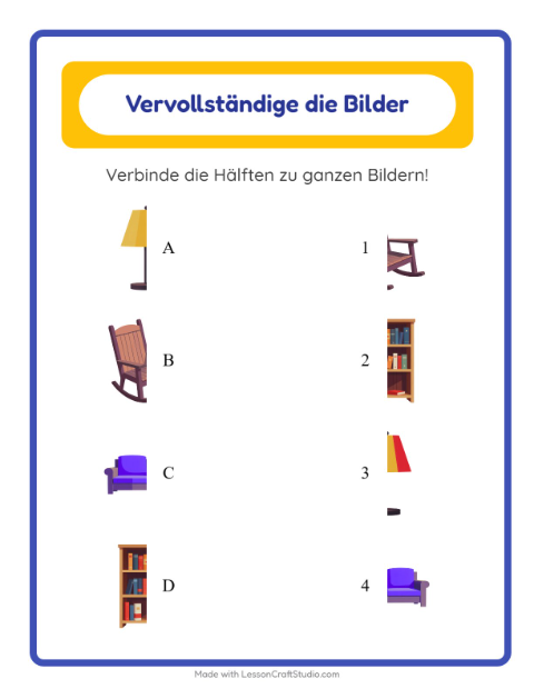 Vorschau: Schatten zuordnen-Arbeitsblatt mit Möbel für Kindergarten