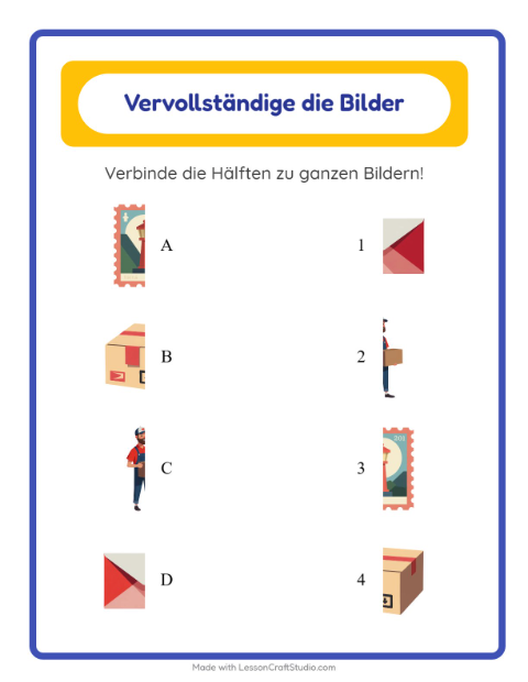 Vorschau: Schatten zuordnen-Arbeitsblatt mit Postamt für Kindergarten