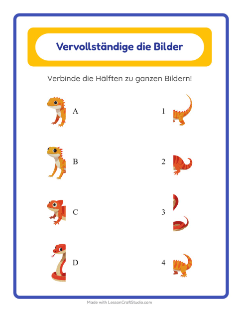 Vorschau: Schatten zuordnen-Arbeitsblatt mit Reptilien und Amphibien für Kindergarten