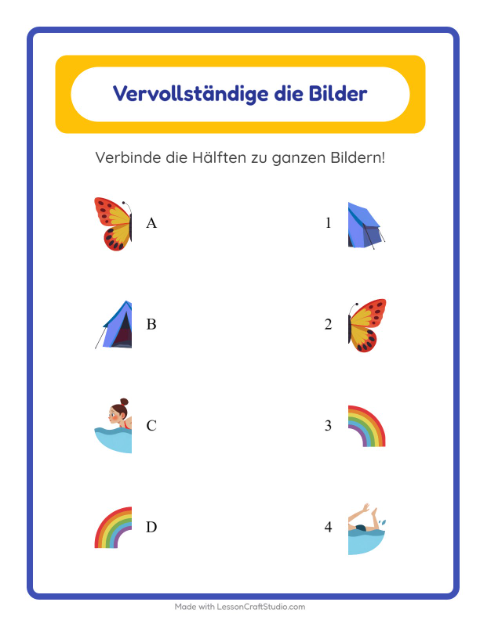Bildhälften zusammensetzen mit Sonnenschirmen, Sandburgen und Bällen – Arbeitsblatt für die Vorschule — 2