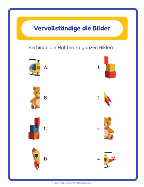 Bildhälften zusammensetzen mit Bällen, Puppen und Robotern – Arbeitsblatt für die Vorschule — 2