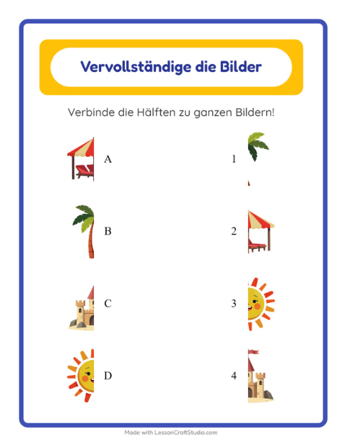 Vorschau: Schatten zuordnen-Arbeitsblatt mit Strand für Kindergarten