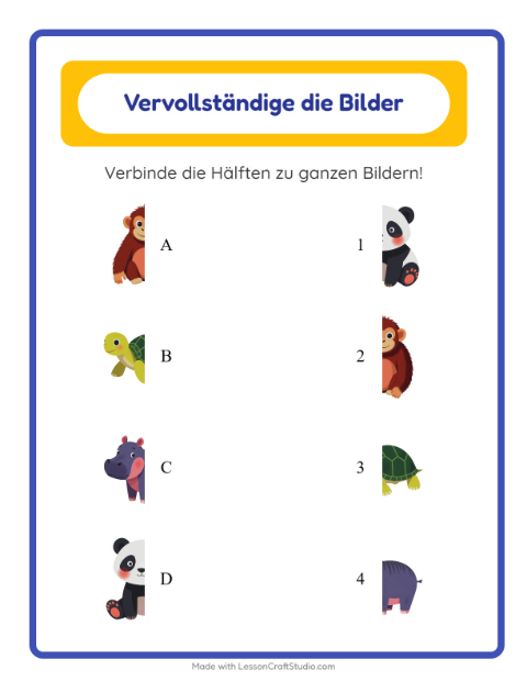 Vorschau: Schatten zuordnen-Arbeitsblatt mit Tiere für Kindergarten