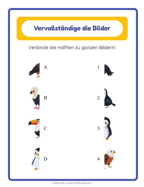 Bildhälften zusammensetzen mit Rotkehlchen, Eulen und Enten – Arbeitsblatt für die Vorschule — 2