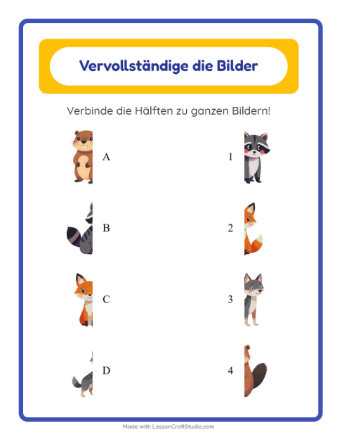 Vorschau: Schatten zuordnen-Arbeitsblatt mit Waldtiere für Kindergarten