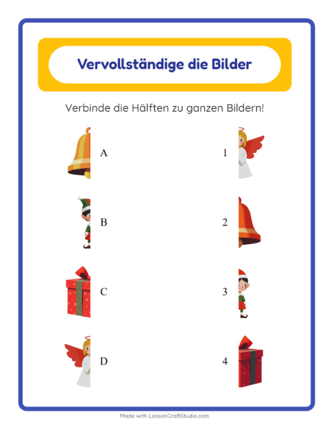 Vorschau: Schatten zuordnen-Arbeitsblatt mit Weihnachten für Kindergarten