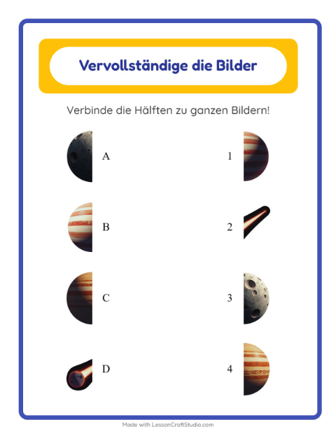 Vorschau: Schatten zuordnen-Arbeitsblatt mit Weltraum für Kindergarten