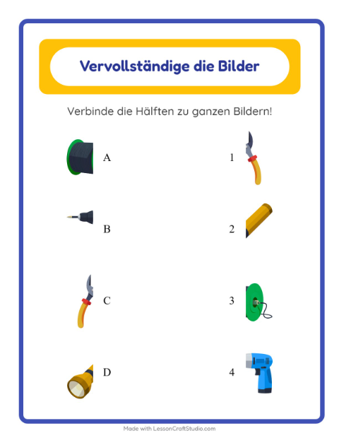 Vorschau: Schatten zuordnen-Arbeitsblatt mit Werkzeuge für Kindergarten