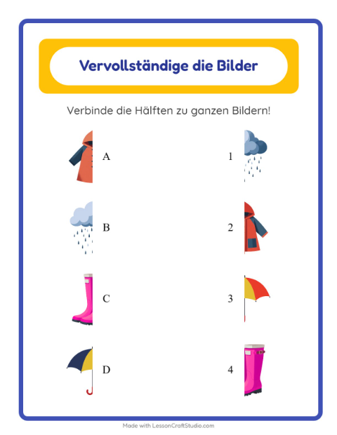 Vorschau: Schatten zuordnen-Arbeitsblatt mit Wetter für Kindergarten