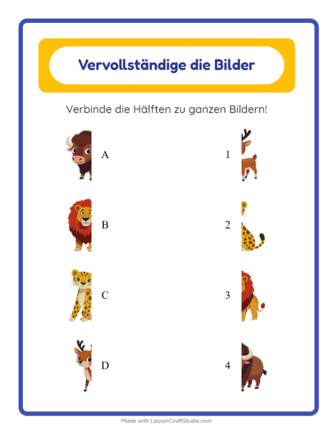 Vorschau: Schatten zuordnen-Arbeitsblatt mit Zootiere für Kindergarten