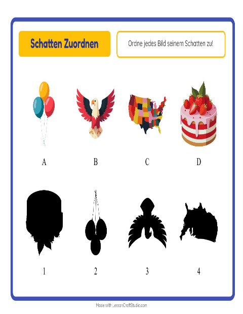 Vorschau: Schatten zuordnen-Arbeitsblatt mit 4. Juli für Kindergarten