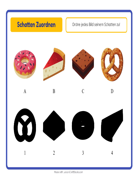 Vorschau: Schatten zuordnen-Arbeitsblatt mit Bäckerei für Kindergarten