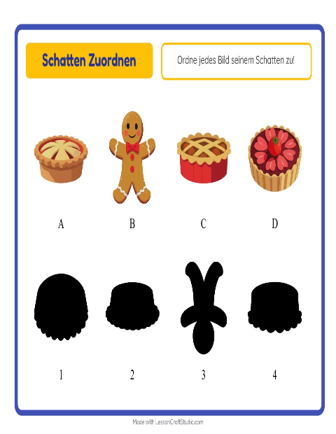 Vorschau: Schatten zuordnen-Arbeitsblatt mit Desserts und Süßigkeiten für Kindergarten