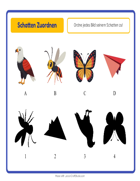 Vorschau: Schatten zuordnen-Arbeitsblatt mit Dinge die fliegen für Kindergarten