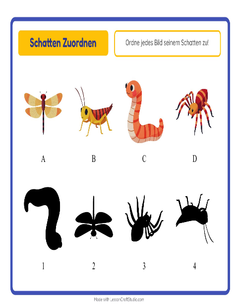 Vorschau: Schatten zuordnen-Arbeitsblatt mit Insekten und Käfer für Kindergarten