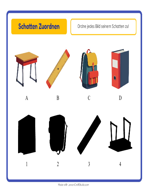 Vorschau: Schatten zuordnen-Arbeitsblatt mit Klassenzimmer für Kindergarten