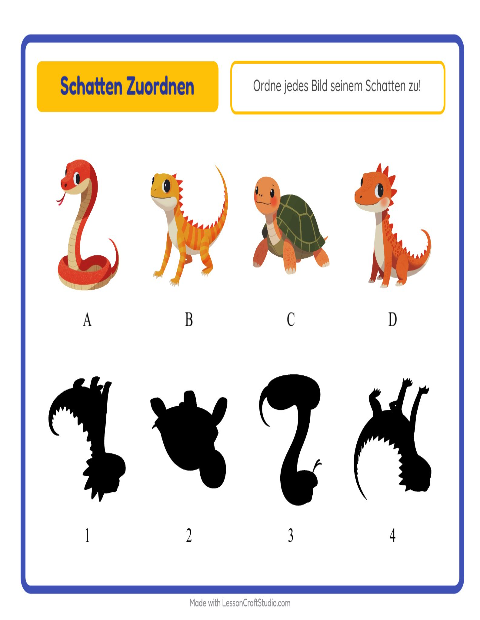 Vorschau: Schatten zuordnen-Arbeitsblatt mit Reptilien und Amphibien für Kindergarten