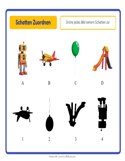 Vorschau: Schatten zuordnen mit Bällen, Puppen und Robotern – Arbeitsblatt für die Vorschule