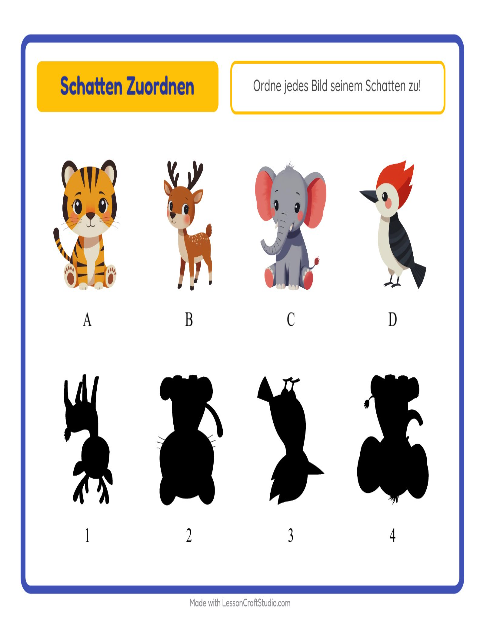 Vorschau: Schatten zuordnen-Arbeitsblatt mit Tiere für Kindergarten