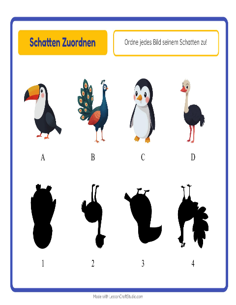 Vorschau: Schatten zuordnen-Arbeitsblatt mit Vögel für Kindergarten