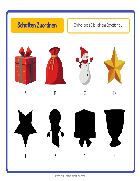 Vorschau: Schatten zuordnen-Arbeitsblatt mit Weihnachten für Kindergarten