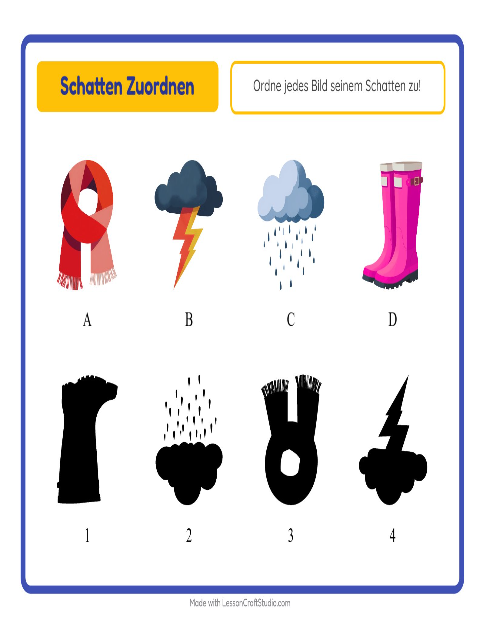 Vorschau: Schatten zuordnen-Arbeitsblatt mit Wetter für Kindergarten