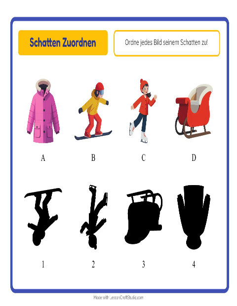 Vorschau: Schatten zuordnen-Arbeitsblatt mit Winter für Kindergarten