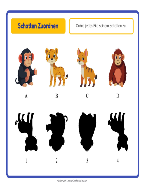 Vorschau: Schatten zuordnen-Arbeitsblatt mit Zootiere für Kindergarten