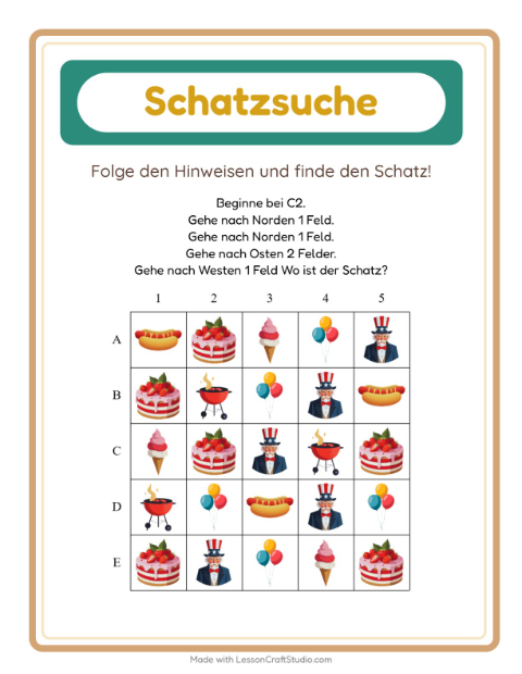 Vorschau: Schatzsuche-Arbeitsblatt mit 4. Juli für 1. Klasse