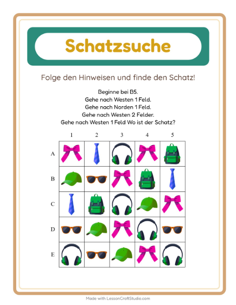 Vorschau: Schatzsuche-Arbeitsblatt mit Accessoires für 1. Klasse