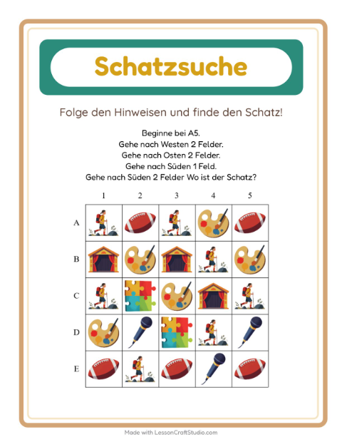 Vorschau: Schatzsuche-Arbeitsblatt mit Aktivitäten für 1. Klasse