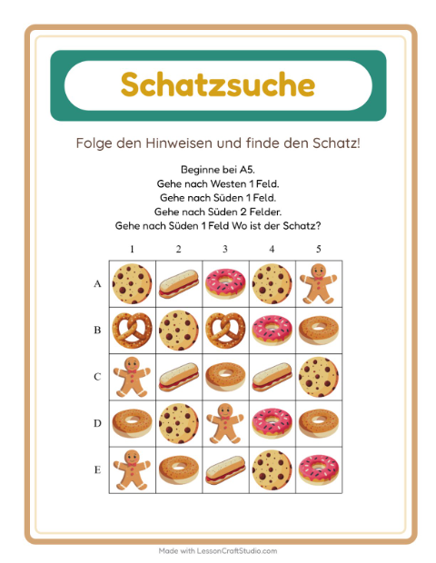 Vorschau: Schatzsuche-Arbeitsblatt mit Bäckerei für 1. Klasse