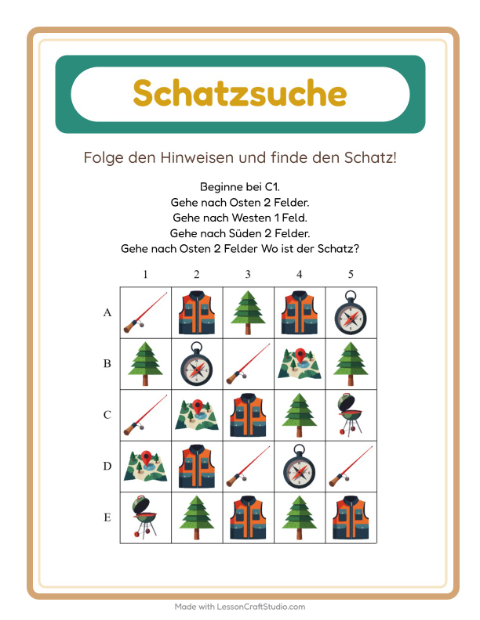 Vorschau: Schatzsuche-Arbeitsblatt mit Camping für 1. Klasse