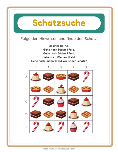 Vorschau: Schatzsuche-Arbeitsblatt mit Desserts und Süßigkeiten für 1. Klasse