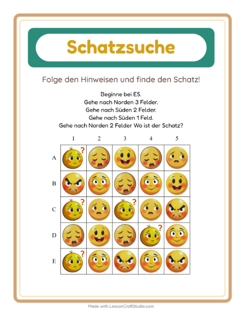 Vorschau: Schatzsuche-Arbeitsblatt mit Emotionen für 1. Klasse