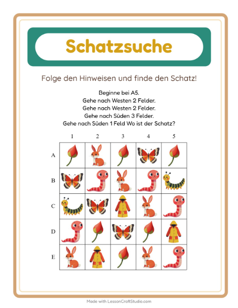 Vorschau: Schatzsuche-Arbeitsblatt mit Frühling für 1. Klasse