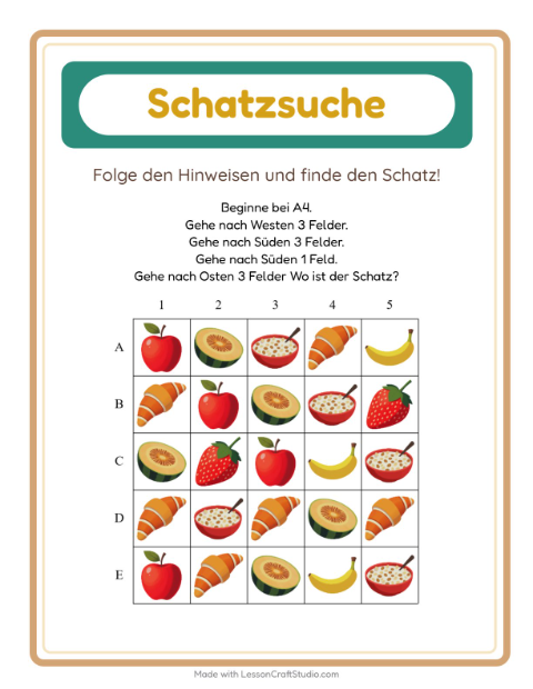 Vorschau: Schatzsuche-Arbeitsblatt mit Frühstück für 1. Klasse