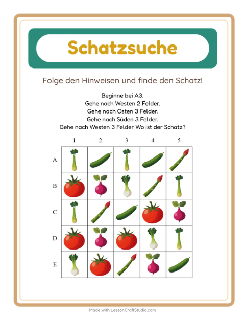 Vorschau: Schatzsuche-Arbeitsblatt mit Gemüse für 1. Klasse
