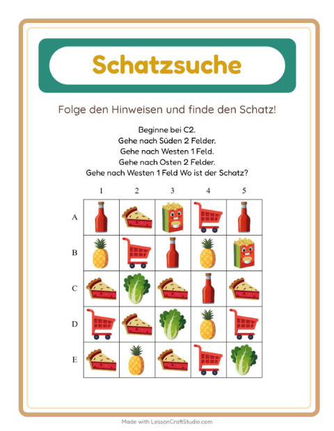 Vorschau: Schatzsuche-Arbeitsblatt mit Im Supermarkt für 1. Klasse