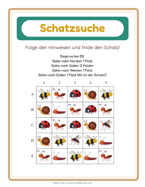 Vorschau: Schatzsuche-Arbeitsblatt mit Insekten und Käfer für 1. Klasse