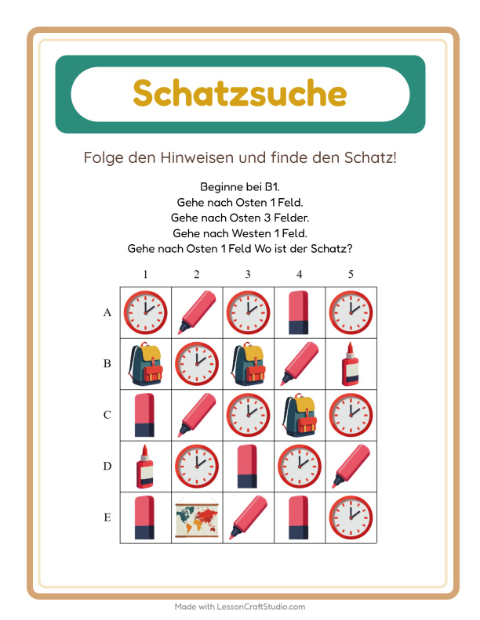 Vorschau: Schatzsuche-Arbeitsblatt mit Klassenzimmer für 1. Klasse